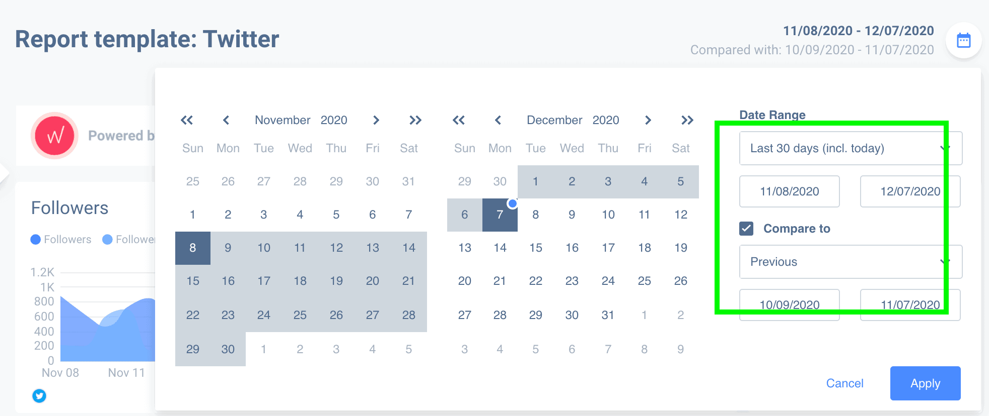 Twitter audit report can contain multiple date ranges to compare data.