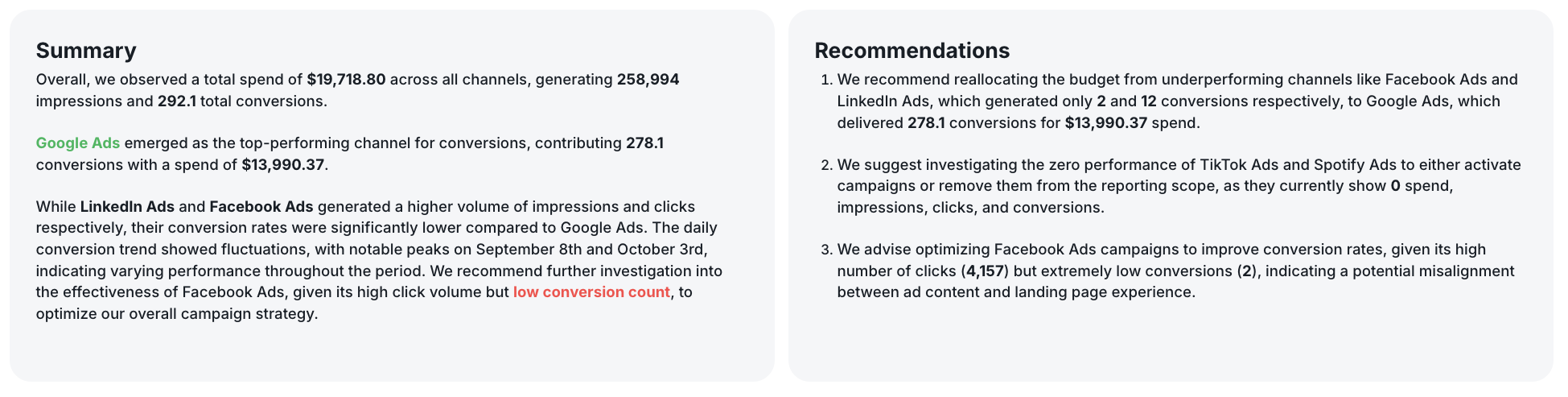 Summary and Recommendations - Two lists detailing observations and recommendations for a marketing campaign.