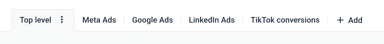 Tabs - Tabs for Top level, Meta Ads, Google Ads, Linkedin Ads, TikTok conversions, Add.