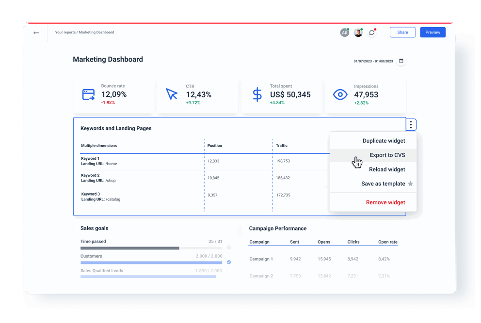 Export your data to spreadsheets for storage, analysis or sharing