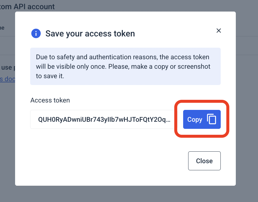 Whatagraph Access Token - Modal window displaying an access token with a copy button.