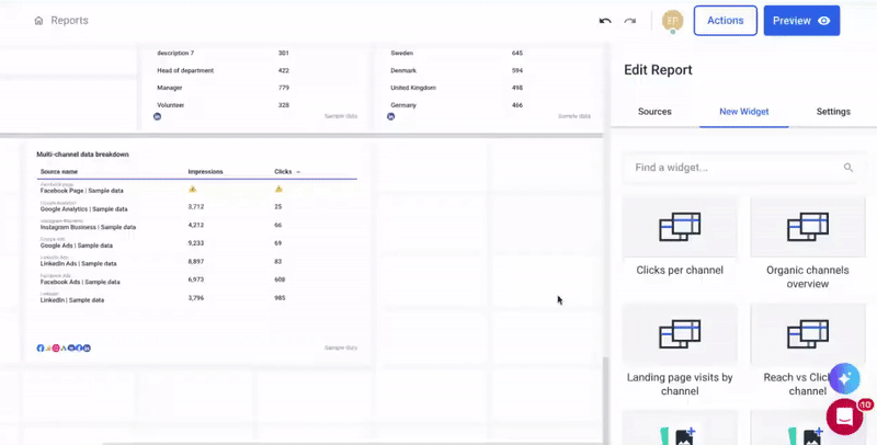 Whatagraph Adding Widget - Software interface with reports and widget options.