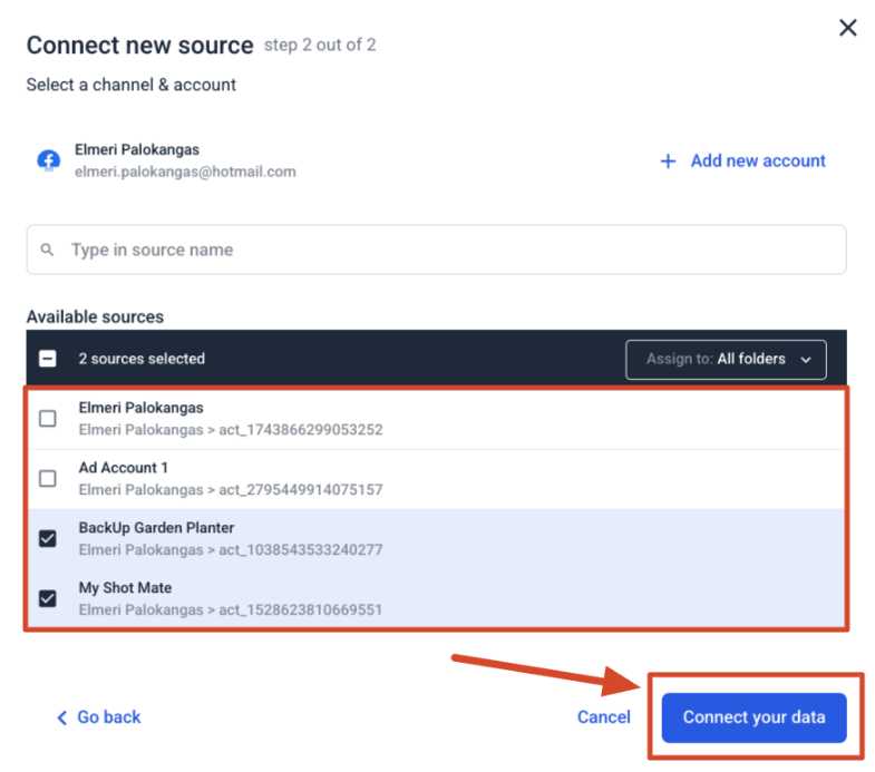 Whatagraph Available Sources - Dialog box listing available data sources with checkboxes.
