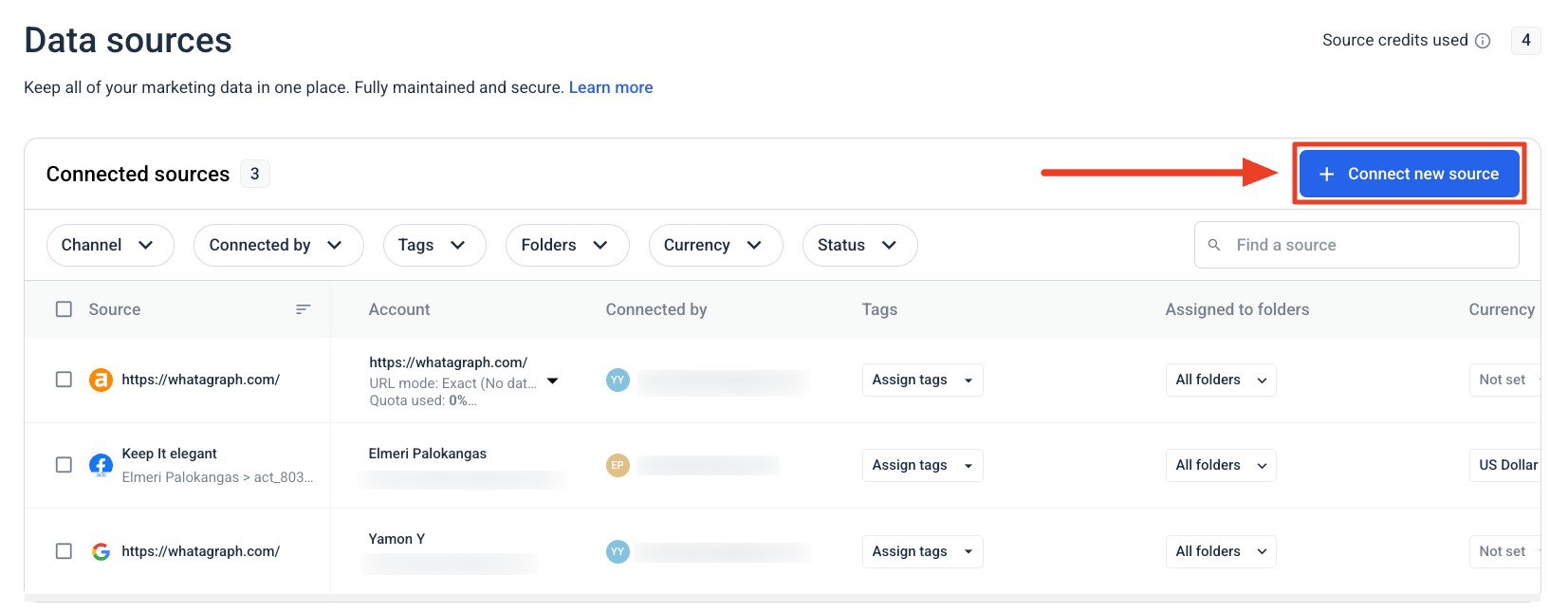 Whatagraph Connect New Source - Dashboard with data sources, filters, and a connect new source button.