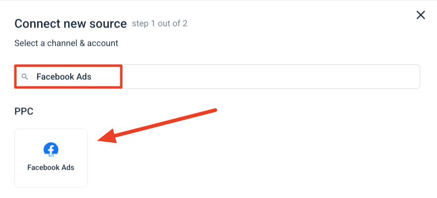 Whatagraph Connect New Source Tab - Connect a new data source for Facebook Ads.