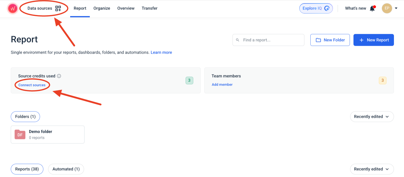 Whatagraph Connect Sources Tabs - Screenshot of Whatagraph's report dashboard.