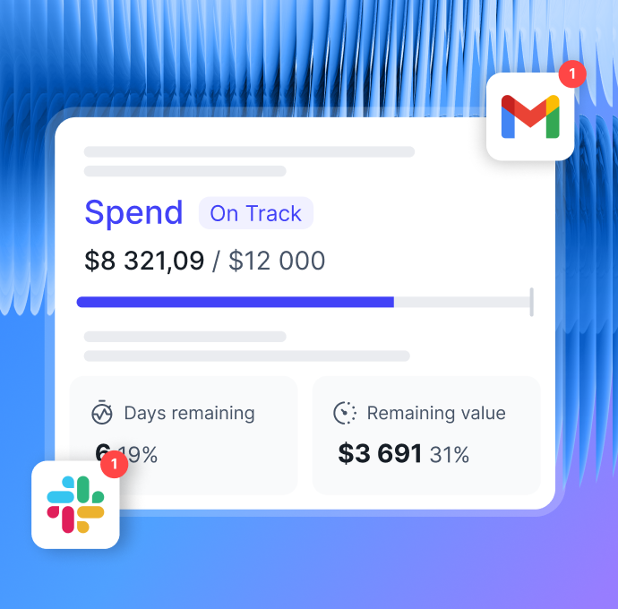 Whatagraph goals and alerts showing ad spend with Slack and Gmail notifications.