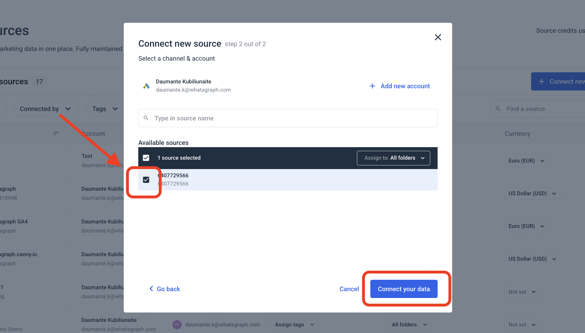 Whatagraph Select Data Sources - Pop-up window for data source selection.